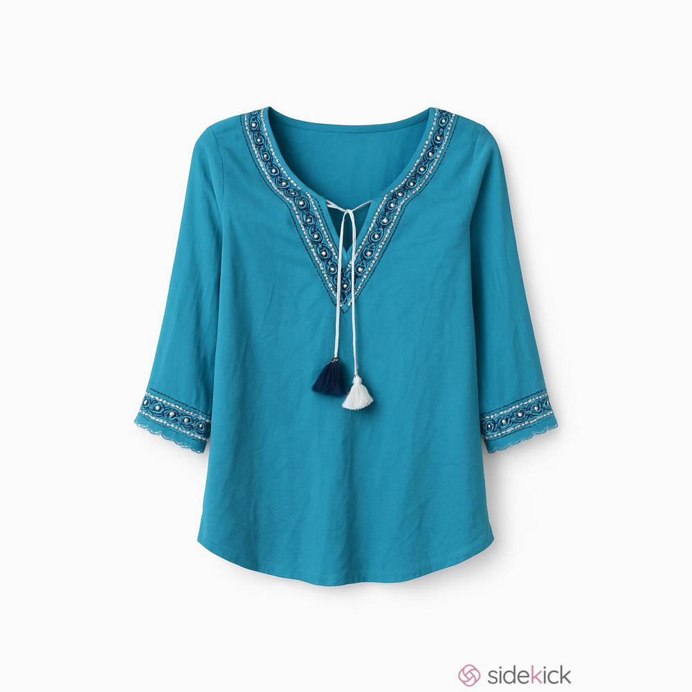Hatley Turquoise Embroidered Tassel Blouse
